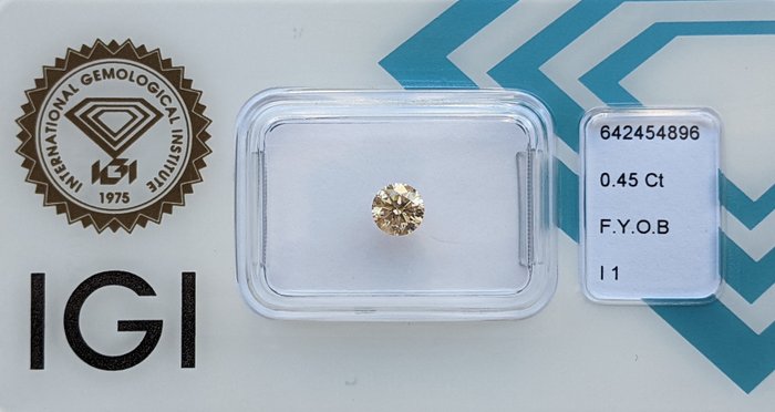 Ingen mindstepris - 1 pcs Diamant  (Naturfarvet)  - 0.45 ct - Rund - Fancy Gul, Orange nuance Brun - I1 - International Gemological Institute (IGI)