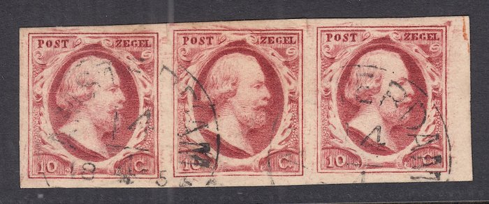 Holland 1852 - Kong Vilhelm III i positioneret strimmel af tre fra plade IV - NVPH 2