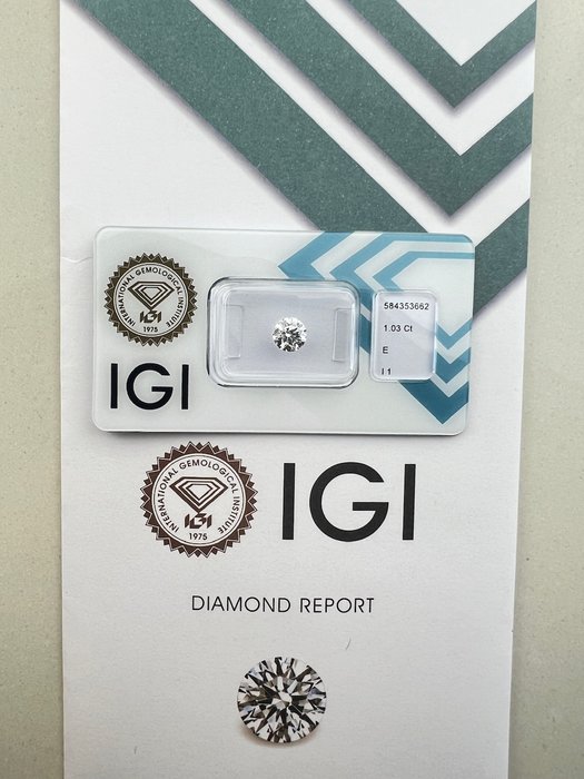 Ingen mindstepris - 1 pcs Diamant  (Natur)  - 1.03 ct - Rund - E - I1 - International Gemological Institute (IGI)