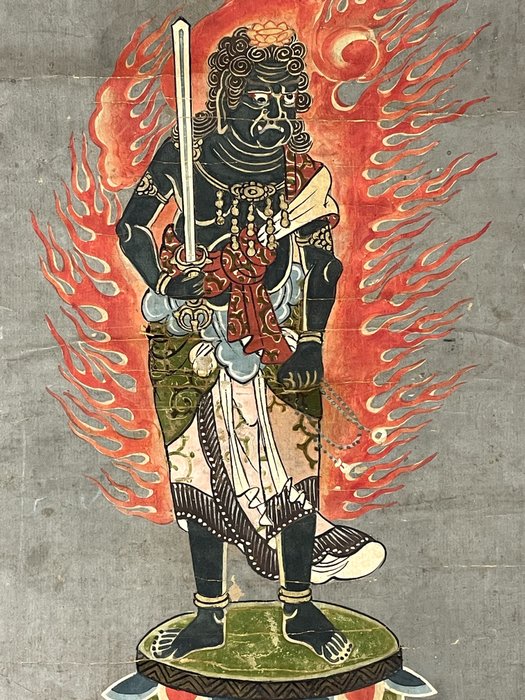 Maling af Fudō Myōō - Håndmalet på papir hængende rulle metalaksel - Japan - 1800-tallet (Edo-perioden)