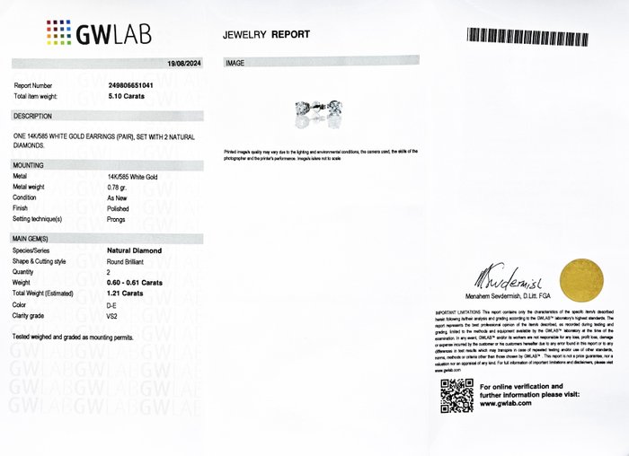 Øreringe - 14 karat Hvidguld -  1.21ct. tw. Diamant (Natur) - D-E / VS2