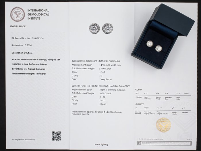 Øreringe - 14 karat Hvidguld, 1,50 ct diamanter - IGI certificeret -  1.50ct. tw. Diamant (Natur) - Diamant