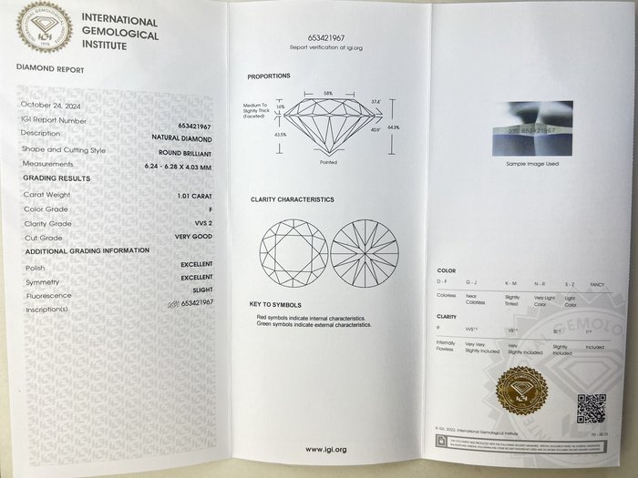 Ingen mindstepris - 1 pcs Diamant  (Natur)  - 1.01 ct - Rund - F - VVS2 - International Gemological Institute (IGI)