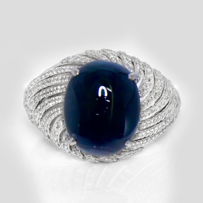 Ingen mindstepris - Ring - 14 karat Hvidguld -  8.47ct. tw. Safir - Diamant - IGI 7,37 ct blå