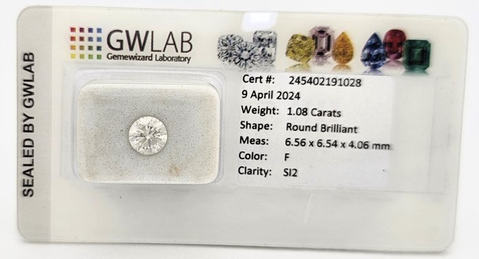 1 pcs Diamant  (Natur)  - 1.08 ct - Rund - F - SI2 - Gemewizard Gemological Laboratory (GWLab)