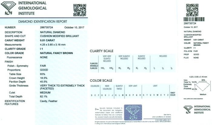 1 pcs Diamant  (Natur)  - 0.51 ct - Pude - I1 - International Gemological Institute (IGI) - 0,51 ct Pude Brilliant