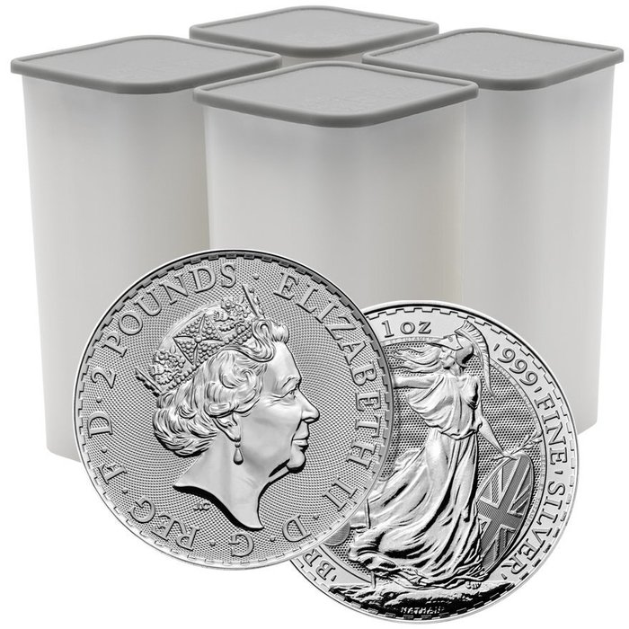 Storbritannien. 100 x 1 oz £2 GBP Silver Britannia Coin In Tubes (Random Years)