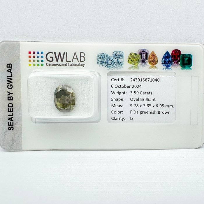 Ingen mindstepris - 1 pcs Diamant  (Naturfarvet)  - 3.59 ct - Oval - Fancy Brun, Grønlig Gul - I3 - Gemewizard Gemological Laboratory (GWLab)