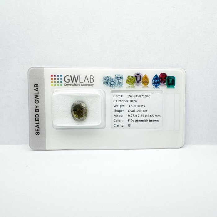 Ingen mindstepris - 1 pcs Diamant  (Naturfarvet)  - 3.59 ct - Oval - Fancy Brun, Grønlig Gul - I3 - Gemewizard Gemological Laboratory (GWLab)