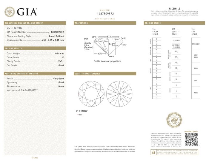 1 pcs Diamant  (Natur)  - 1.00 ct - Rund - E - VVS1 - Gemological Institute of America (GIA)