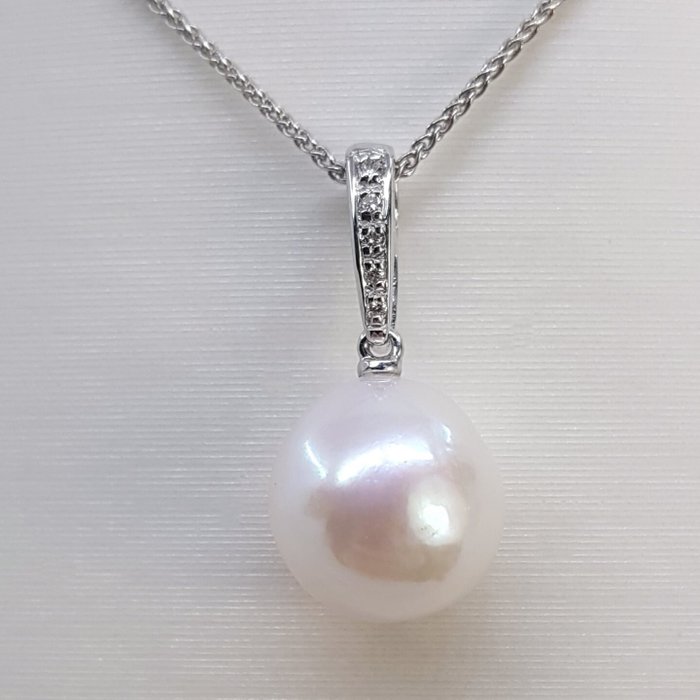 Halskæde med vedhæng - 14 karat Hvidguld -  0.04ct. tw. - 11x12mm Edison Pearl