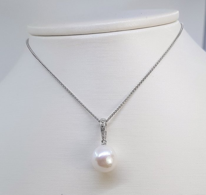 Halskæde med vedhæng - 14 karat Hvidguld -  0.04ct. tw. - 11x12mm Edison Pearl