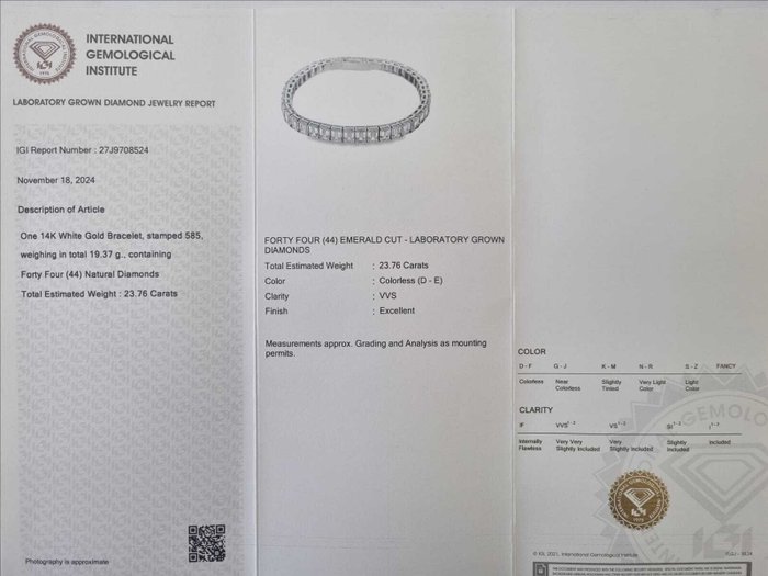 Tennisarmbånd - 14 karat Hvidguld -  23.76ct. tw. Diamant (Laboratoriedyrket)