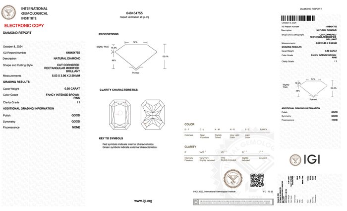 Ingen mindstepris - 1 pcs Diamant  (Naturfarvet)  - 0.50 ct - Radiant - Fancy intense Brun Lyserød - I1 - International Gemological Institute (IGI)