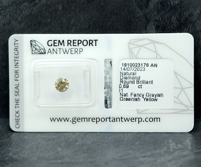 1 pcs Diamant  (Naturfarvet)  - 0.69 ct - Fancy Grålig, Grønlig Gul - I1 - Gem Report Antwerp (GRA)