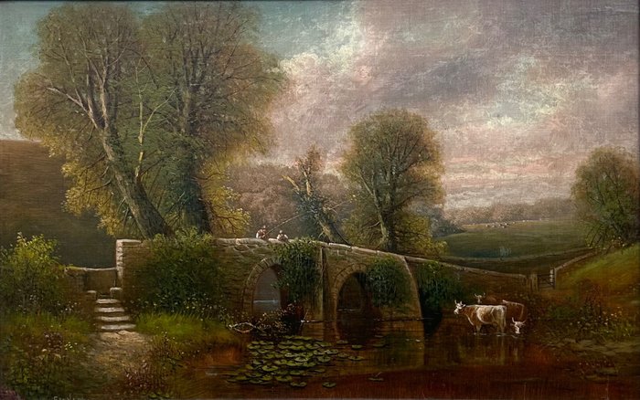 George Harris (1855-1936) **No Reserve** - Figures fishing from a bridge