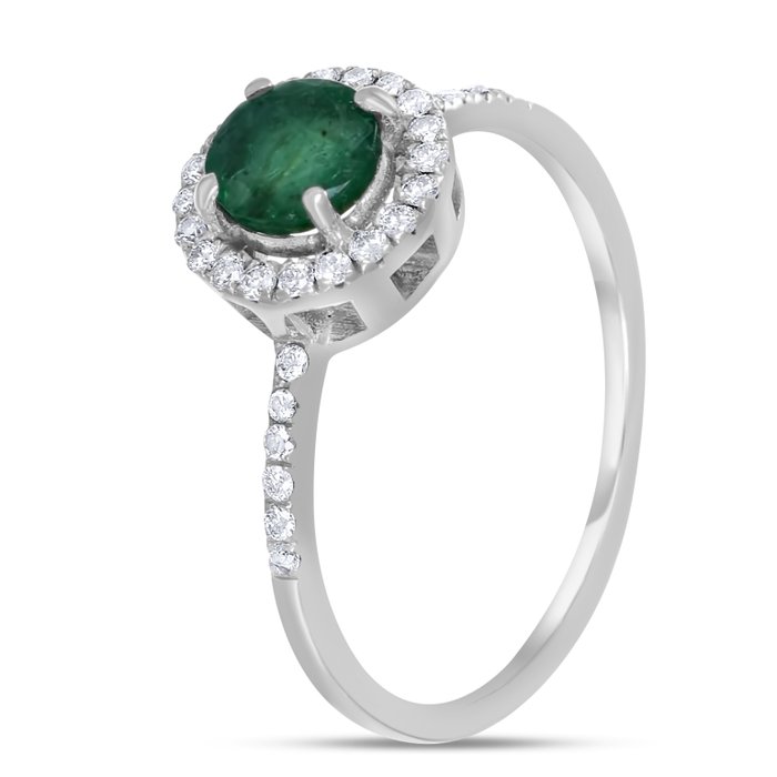 Ring - 18 kraat Hvidguld -  096ct tw Smaragd - Diamant