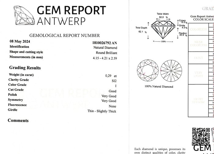 1 pcs Diamant  (Natur)  - 0.29 ct - I - SI2 - Gem Report Antwerp (GRA)