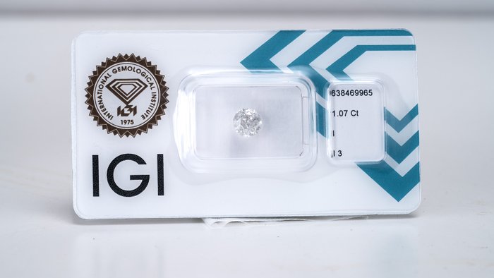 1 pcs Diamant  (Natur)  - 1.07 ct - Rund - I - I3 - International Gemological Institute (IGI) - Meget lysegrå