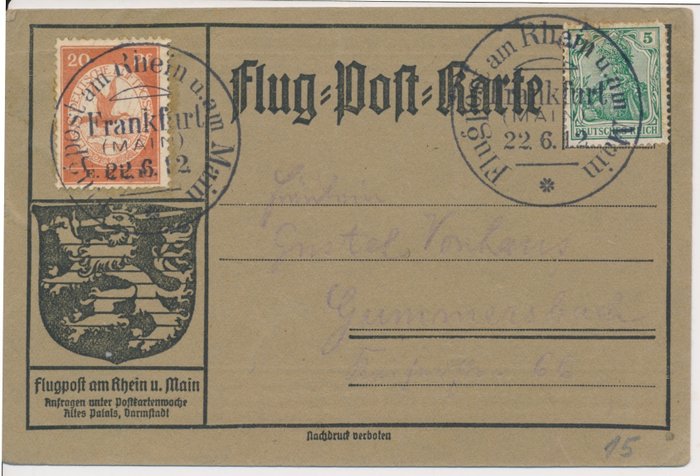 Tyske Kejserrige 1912 - Rhein-Main luftpost "EELP 20 Pf på luftpostkort - Michel Nr VI Stempel Frankfurt 220612