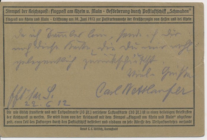 Tyske Kejserrige 1912 - Rhein-Main luftpost "EELP 20 Pf på luftpostkort - Michel Nr VI Stempel Frankfurt 220612