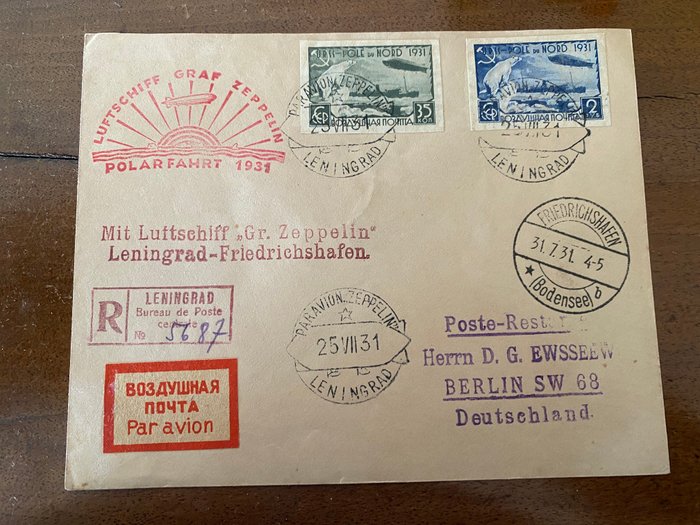 Rusland 1931 - Zeppelin polarflyvning fra Leningrad til Fredrichshafen destination Berlin. Brev + postkort