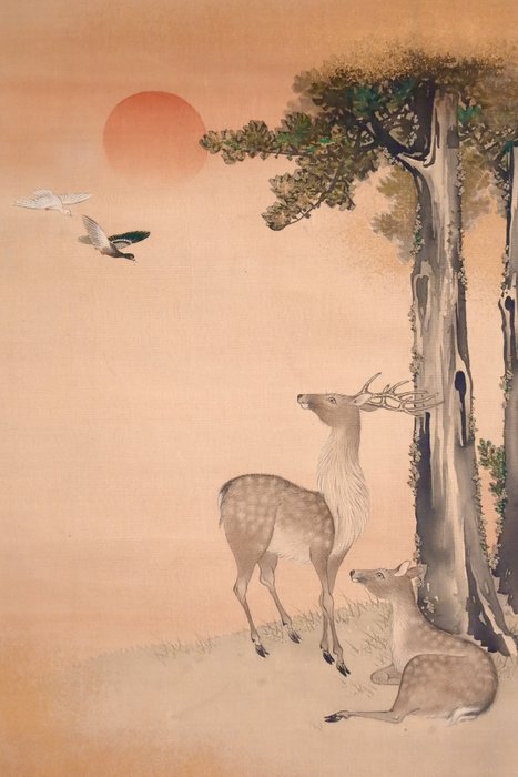 Rising Sun - 2 Birds and 2 Deer - Hanging Scroll - Ukendt kunstner - Japan  (Ingen mindstepris)