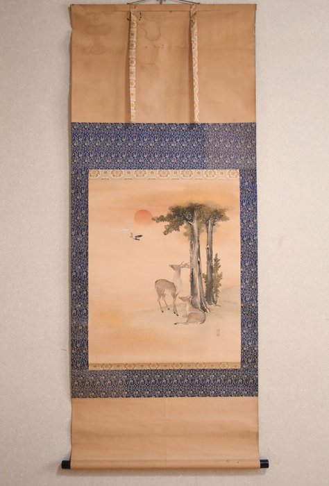 Rising Sun - 2 Birds and 2 Deer - Hanging Scroll - Ukendt kunstner - Japan  (Ingen mindstepris)