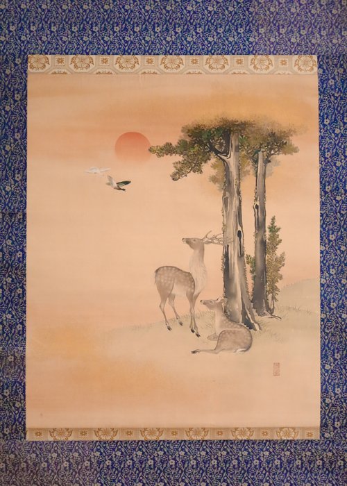 Rising Sun - 2 Birds and 2 Deer - Hanging Scroll - Ukendt kunstner - Japan  (Ingen mindstepris)