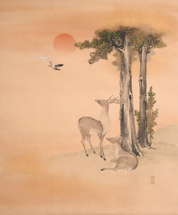 Rising Sun - 2 Birds and 2 Deer - Hanging Scroll - Ukendt kunstner - Japan  (Ingen mindstepris)