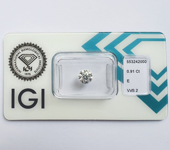 Ingen mindstepris - 1 pcs Diamant  (Natur)  - 0.91 ct - Rund - E - VVS2 - International Gemological Institute (IGI) - *VG EX*