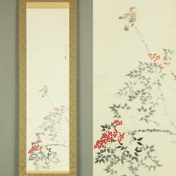 Nandina and Sparrow with Original Box (Tomobako) - Takehara Chofu 竹原嘲風 (1897-1947) - Japan  (Ingen mindstepris)