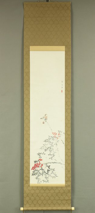 Nandina and Sparrow with Original Box (Tomobako) - Takehara Chofu 竹原嘲風 (1897-1947) - Japan  (Ingen mindstepris)