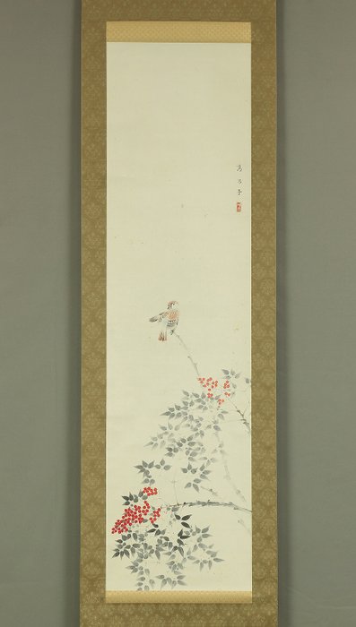 Nandina and Sparrow with Original Box (Tomobako) - Takehara Chofu 竹原嘲風 (1897-1947) - Japan  (Ingen mindstepris)