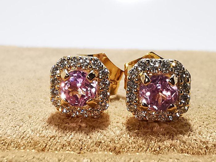 Ingen mindstepris - Øreringe - 14 karat Gulguld, Kunzite øreringe -  0.56ct. tw. Kunzit - Diamant