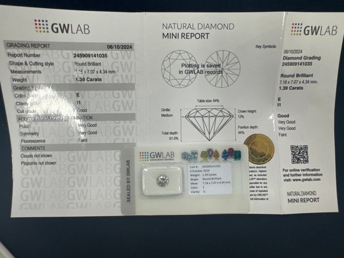 Ingen mindstepris - 1 pcs Diamant  (Natur)  - 1.39 ct - Rund - E - I1 - Gemewizard Gemological Laboratory (GWLab)