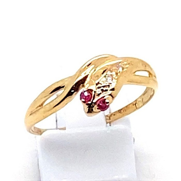 Ring - 18 kraat Gulguld -  0.13ct. tw. Diamant (Natur)  - Rubin - Snake Diamond Ruby Ring