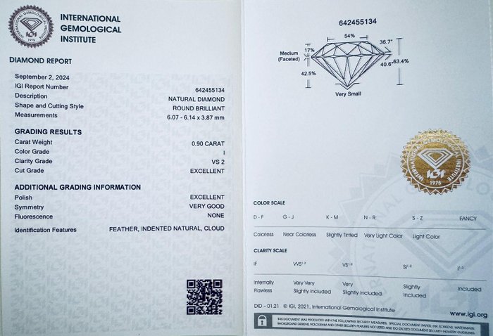 1 pcs Diamant  (Natur)  - 0.90 ct - Rund - I - VS2 - International Gemological Institute (IGI)