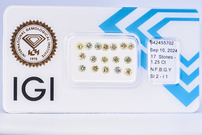 Ingen mindstepris - 17 pcs Diamant  (Naturfarvet)  - 125 ct - Rund - Fancy Brunlig Grønlig Gul - I1 SI2 - International Gemological Institute (IGI)