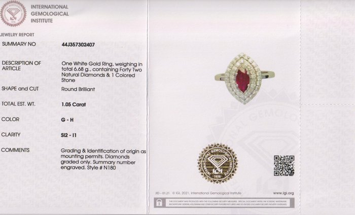 Ring - 14 karat Hvidguld -  2.09ct. tw. Rubin - Diamant - Ruby diamantring