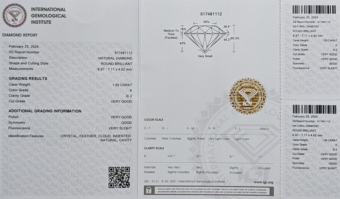 1 pcs Diamant  (Natur)  - 1.50 ct - Rund - K - SI2 - International Gemological Institute (IGI)