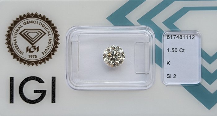 1 pcs Diamant  (Natur)  - 1.50 ct - Rund - K - SI2 - International Gemological Institute (IGI)