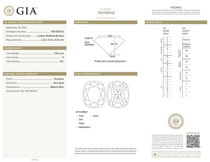 1 pcs Diamant  (Natur)  - 1.00 ct - Pude - E - VVS1 - Gemological Institute of America (GIA)