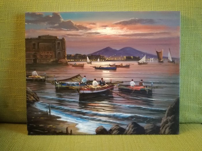 Mario Galanti (XX) - Tramonto a Napoli, Palazzo Donn'Anna