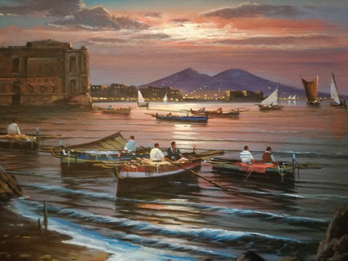 Mario Galanti (XX) - Tramonto a Napoli, Palazzo Donn'Anna