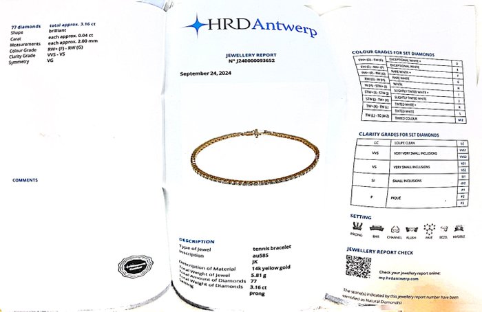 Armbånd - 14 karat Gulguld -  3.16ct. tw. Diamant (Natur)