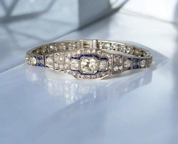 Armbånd Platin, Smukt sjældent art deco-platin- og diamantarmbånd omkring 1930, 6,39 karat! -  6.39ct. tw. Diamant (Natur)