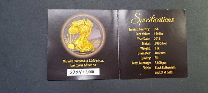 Förenta staterna. 1 Dollar 2015 Silver Eagle - 1 Oz. - Black Ruthenium and 24 kt gold - Golden Enigma Edition  (Ingen mindstepris)