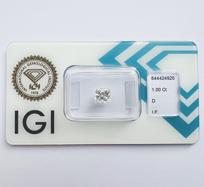 1 pcs Diamant  (Natur)  - 1.00 ct - Kvadrat - D (farveløs) - IF - International Gemological Institute (IGI) - *3EX Ingen*