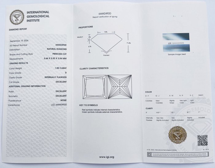 1 pcs Diamant  (Natur)  - 1.00 ct - Kvadrat - D (farveløs) - IF - International Gemological Institute (IGI) - *3EX Ingen*